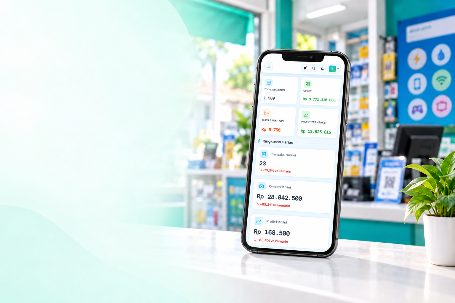 Dashboard asli KasLink di ponsel pada konter agen transaksi